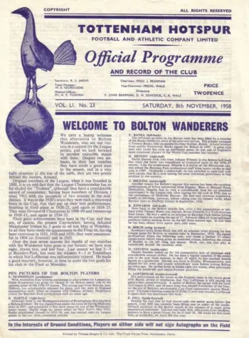 Spurs v Bolton Wanderers (08 Nov 1958) Programme