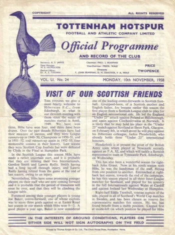 Spurs v Hibernian (10 Nov 1958) Programme