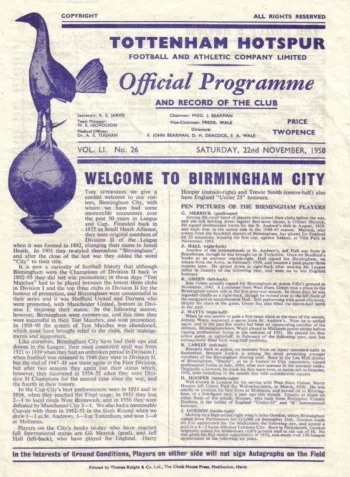 Spurs v Birmingham City (22 Nov 1958) Programme