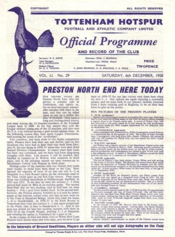 Spurs v Preston North End (06 Dec 1958) Programme