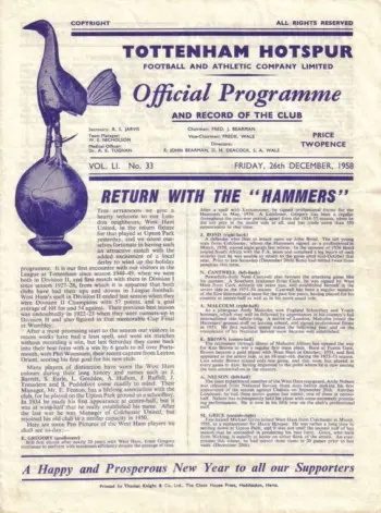 Spurs v West Ham United (26 Dec 1958) Programme