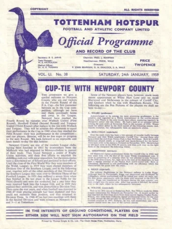 Spurs v Newport County (24 Jan 1959) Programme