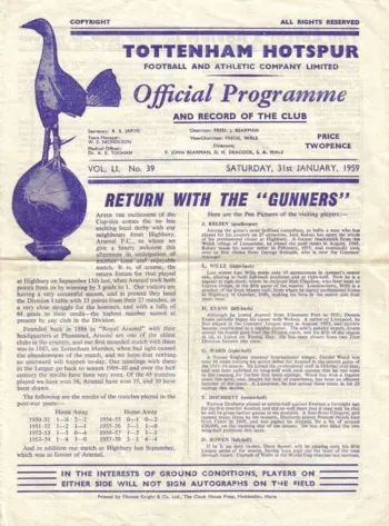 Spurs v Arsenal FC (31 Jan 1959) Programme