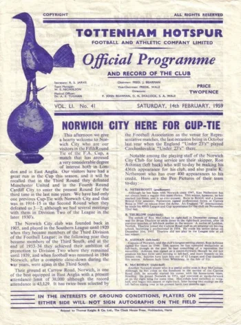 Spurs v Norwich City (14 Feb 1959) Programme