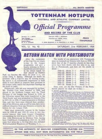 Spurs v Portsmouth FC (21 Feb 1959) Programme