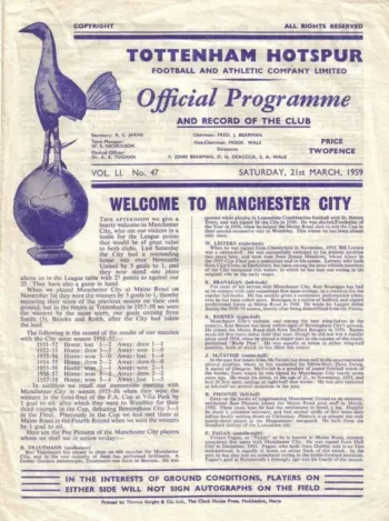 Spurs v Manchester City (21 Mar 1959) Programme