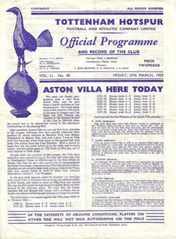 Spurs v Aston Villa (27 Mar 1959) Programme