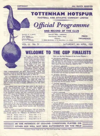 Spurs v Luton Town (04 Apr 1959) Programme