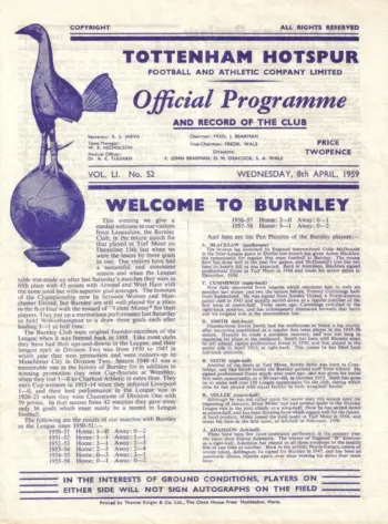 Spurs v Burnley FC (08 Apr 1959) Programme