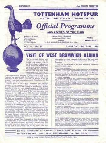 Spurs v West Bromwich Albion (18 Apr 1959) Programme