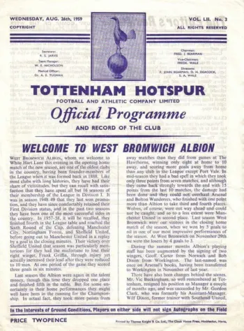 Spurs v West Bromwich Albion (26 Aug 1959) Programme