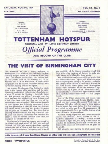 Spurs v Birmingham City (29 Aug 1959) Programme