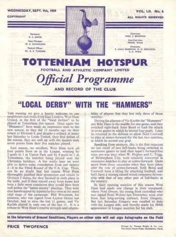 Spurs v West Ham United (09 Sep 1959) Programme