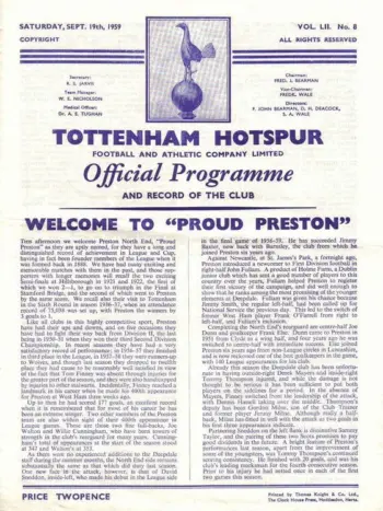 Spurs v Preston North End (19 Sep 1959) Programme