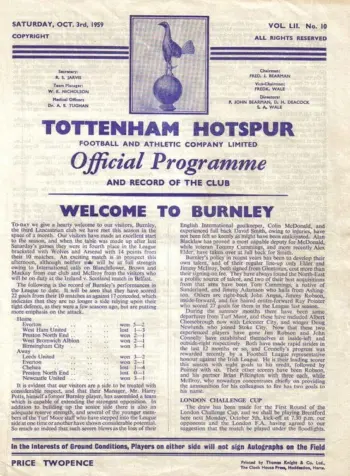 Spurs v Burnley FC (03 Oct 1959) Programme