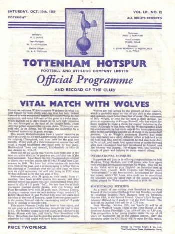 Spurs v Wolverhampton Wanderers (10 Oct 1959) Programme