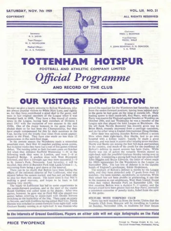 Spurs v Bolton Wanderers (07 Nov 1959) Programme
