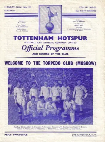 Spurs v FC Torpedo Moscow (16 Nov 1959) Programme