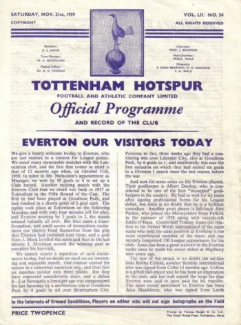 Spurs v Everton FC (21 Nov 1959) Programme
