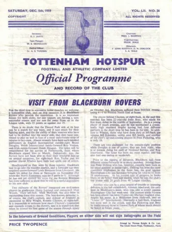 Spurs v Blackburn Rovers (05 Dec 1959) Programme
