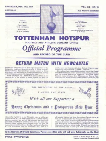 Spurs v Newcastle United (19 Dec 1959) Programme