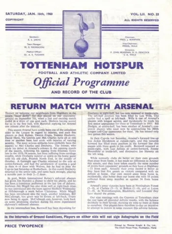 Spurs v Arsenal FC (16 Jan 1960) Programme