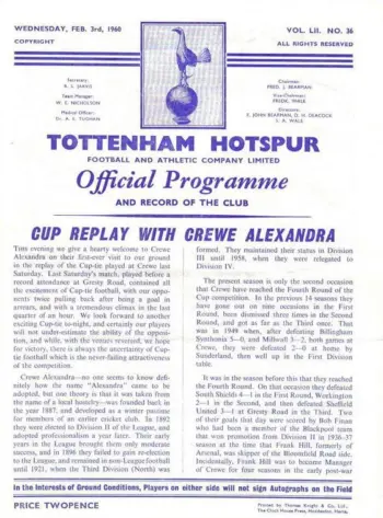 Spurs v Crewe Alexandra (03 Feb 1960) Programme