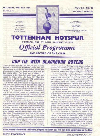Spurs v Blackburn Rovers (20 Feb 1960) Programme