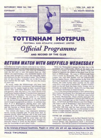 Spurs v Sheffield Wednesday (05 Mar 1960) Programme
