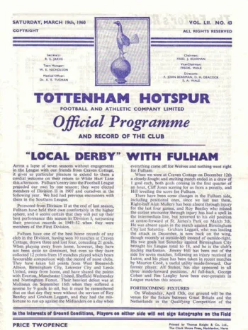 Spurs v Fulham FC (19 Mar 1960) Programme