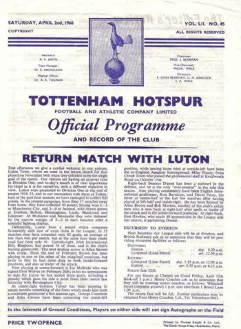 Spurs v Luton Town (02 Apr 1960) Programme
