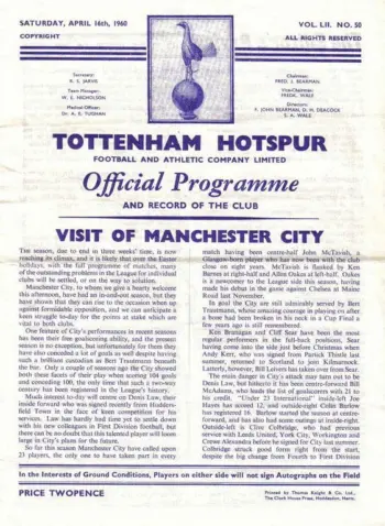 Spurs v Manchester City (16 Apr 1960) Programme