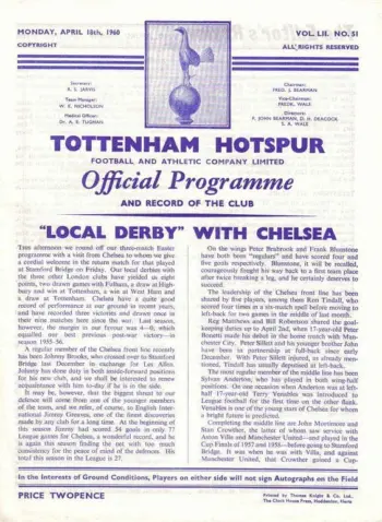 Spurs v Chelsea FC (18 Apr 1960) Programme