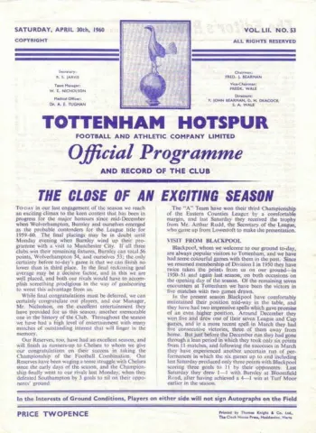 Spurs v Blackpool FC (30 Apr 1960) Programme