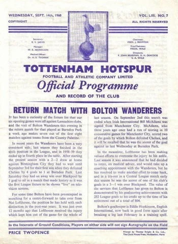 Spurs v Bolton Wanderers (14 Sep 1960) Programme