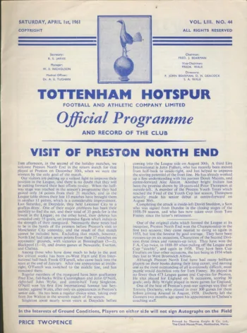 Spurs v Preston North End (01 Apr 1961) Programme