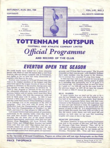 Spurs v Everton FC (20 Aug 1960) Programme