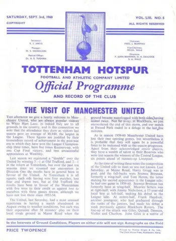 Spurs v Manchester United (03 Sep 1960) Programme