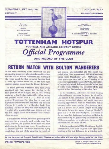 Spurs v Bolton Wanderers (14 Sep 1960) Programme