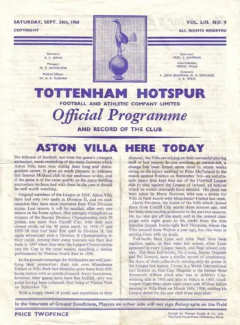 Spurs v Aston Villa (24 Sep 1960) Programme