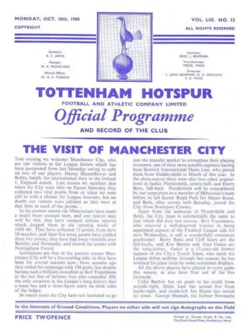Spurs v Manchester City (10 Oct 1960) Programme