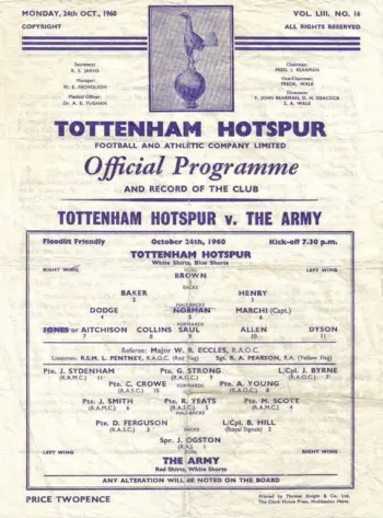 Spurs v Select (24 Oct 1960) Programme