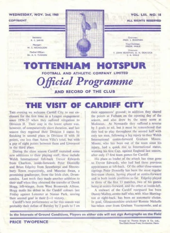 Spurs v Cardiff City (02 Nov 1960) Programme