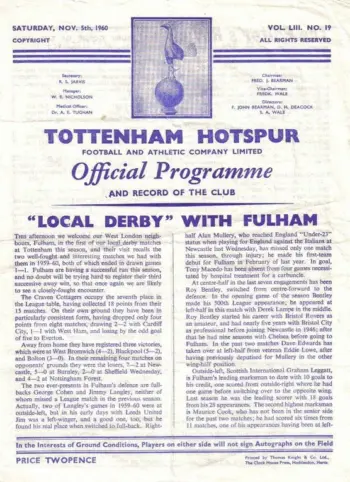Spurs v Fulham FC (05 Nov 1960) Programme