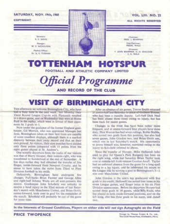 Spurs v Birmingham City (19 Nov 1960) Programme