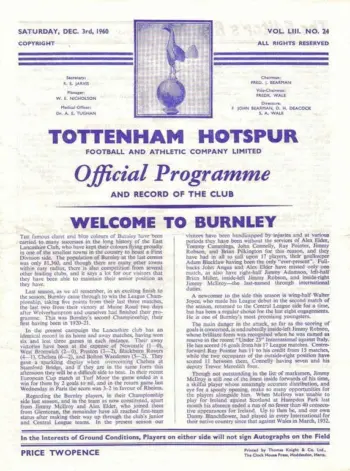 Spurs v Burnley FC (03 Dec 1960) Programme
