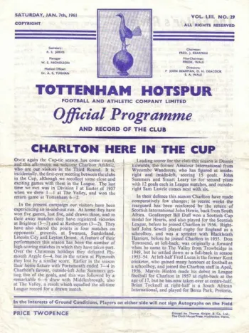 Spurs v Charlton Athletic (07 Jan 1961) Programme