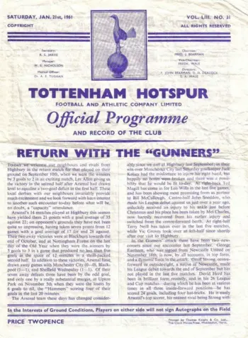 Spurs v Arsenal FC (21 Jan 1961) Programme