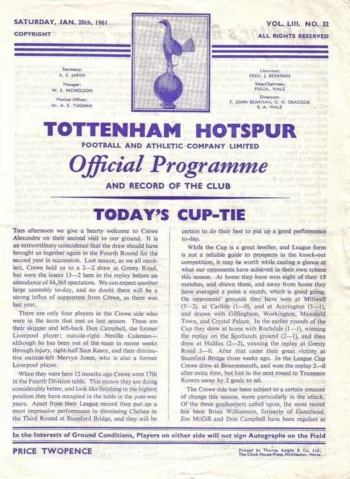 Spurs v Crewe Alexandra (28 Jan 1961) Programme