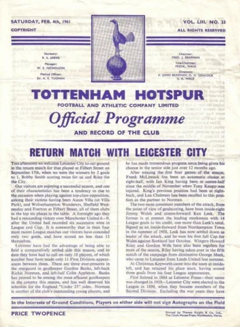 Spurs v Leicester City (04 Feb 1961) Programme